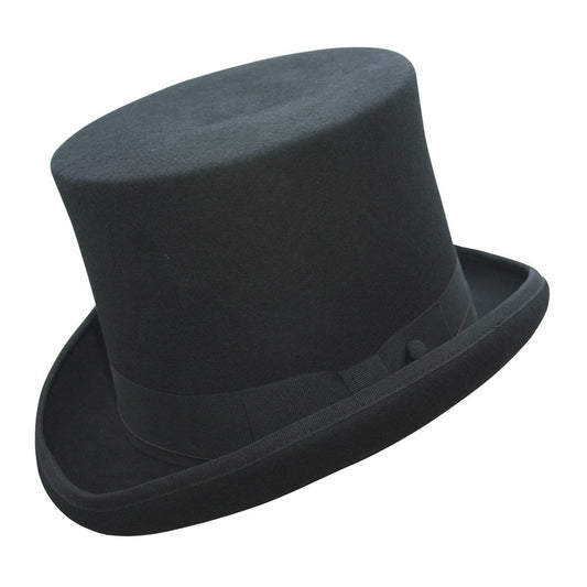 Wool Top Hat in color Black showing turned up brim and stovepipe crown