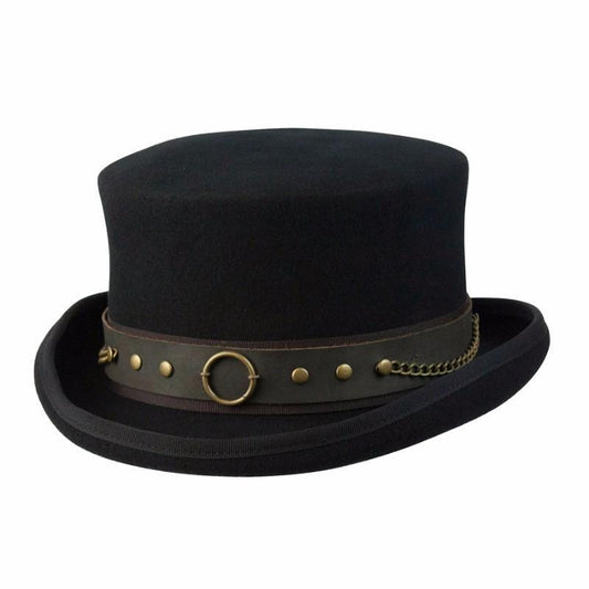 Wool Steampunk top hat with brass ring and chain 