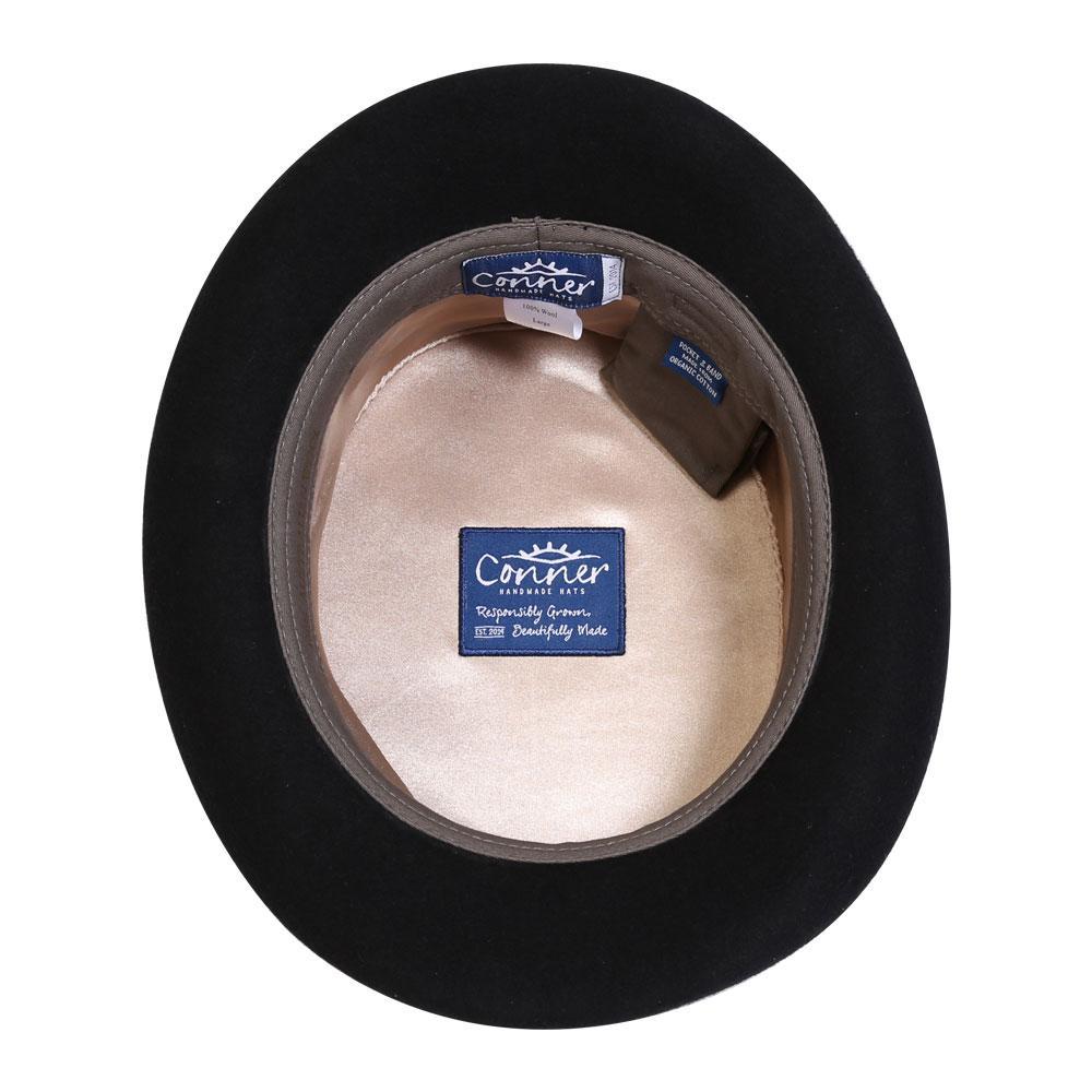 Inside view of Steampunk style short wool top hat showing organic cotton inner sweat band and secret pocket and satin lining