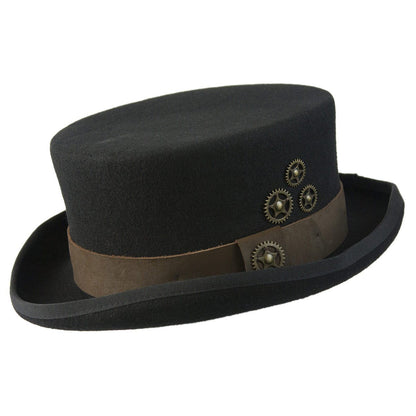 Steampunk style short wool top hat with brass colored gears and leather hat band