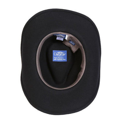 Inside view of western wool hat hat in color Black showing organic cotton inner sweat band and secret pocket and wide brim