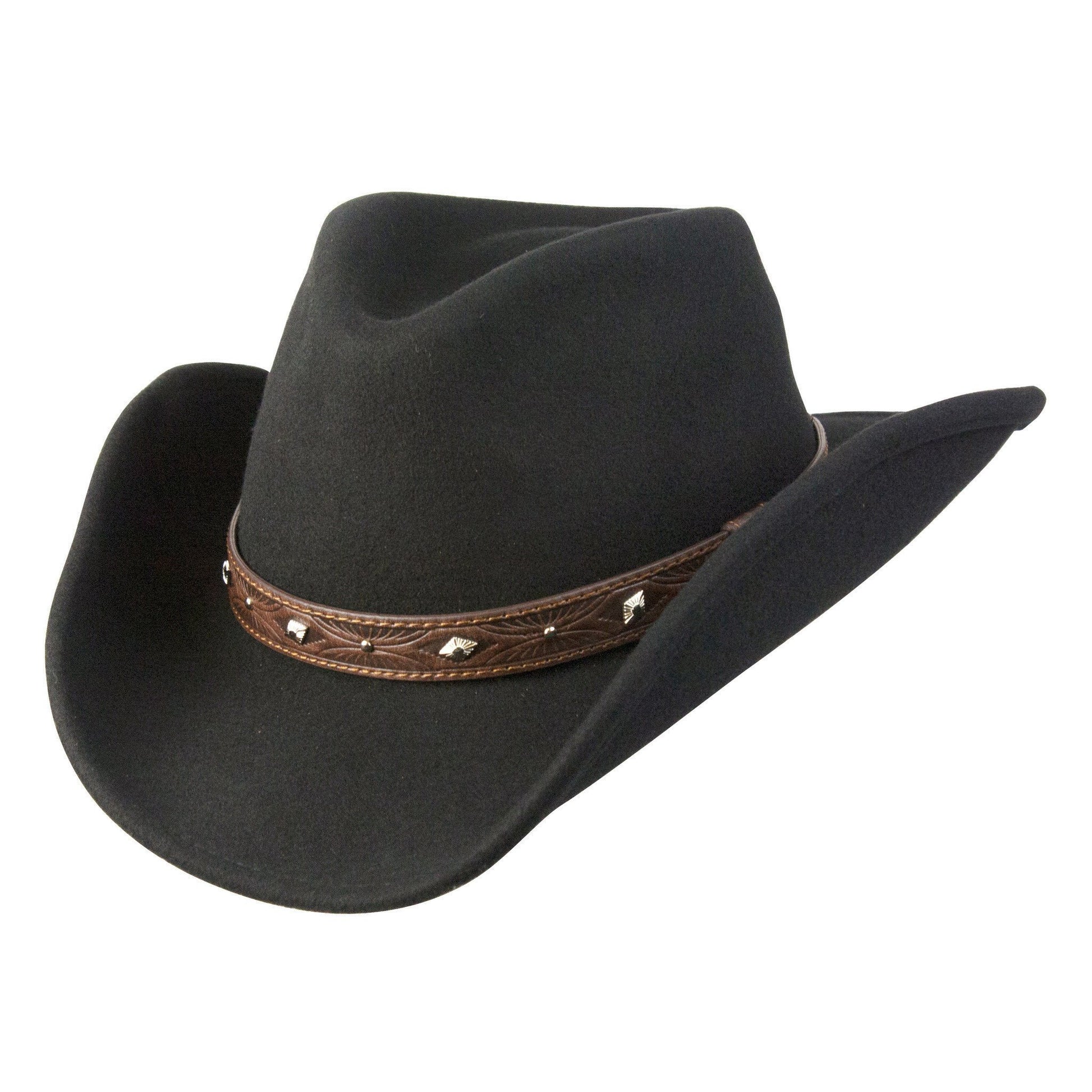 Yellowstone western wool hat hat in color Black featuring an embossed leather band with silver conchos