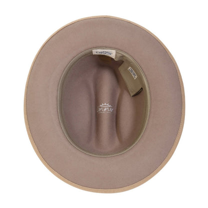 Inside view of cattleman shaped western wool hat in Putty color showing inner organic cotton sweat band and secret pocket with Conner hat labels