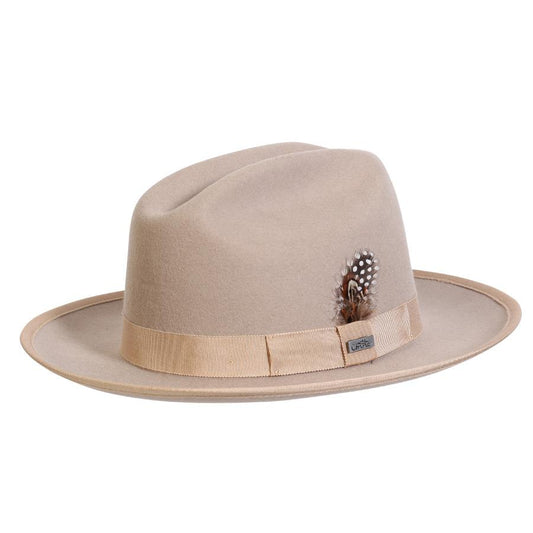 Cattleman shaped western wool hat in Putty color with feather accent and turned up snap brim