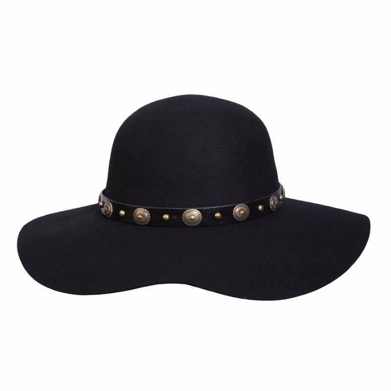 Women's wool Boho style floppy hat with Black faux leather band and brass colored conchos
