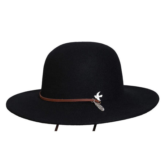 Wide brim women's Wool Hat  in color Black with bird and feather metal emblem and leather chin cord