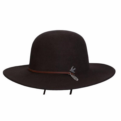 Wide brim women's Wool Hat  in color Chocolate with bird and feather metal emblem and leather chin cord