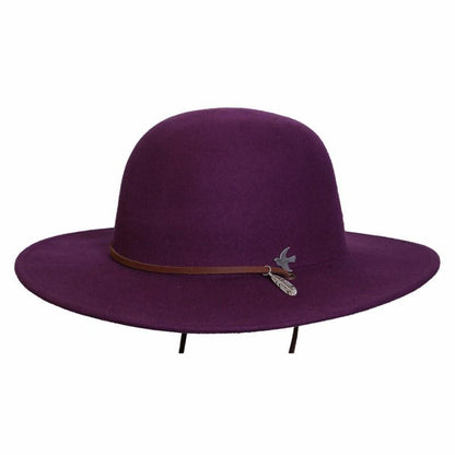 Wide brim women's Wool Hat  in color Plum with bird and feather metal emblem and leather chin cord