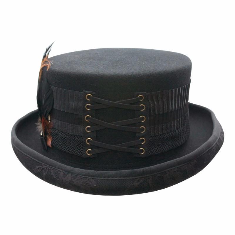 Victorian wool steampunk top hat in Black with lace under brim